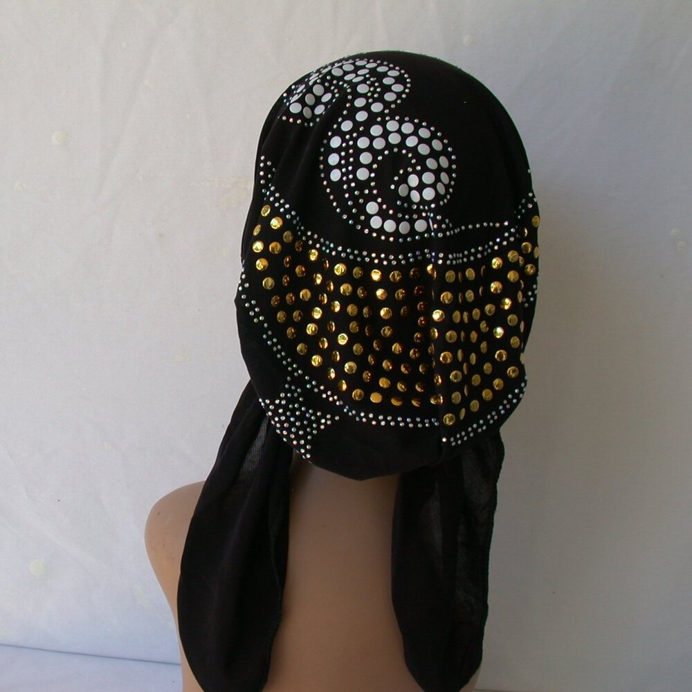 BLACK Pre-Tied Stud Chemo Cap Slip On Bonnet Hijab Undercap # 8